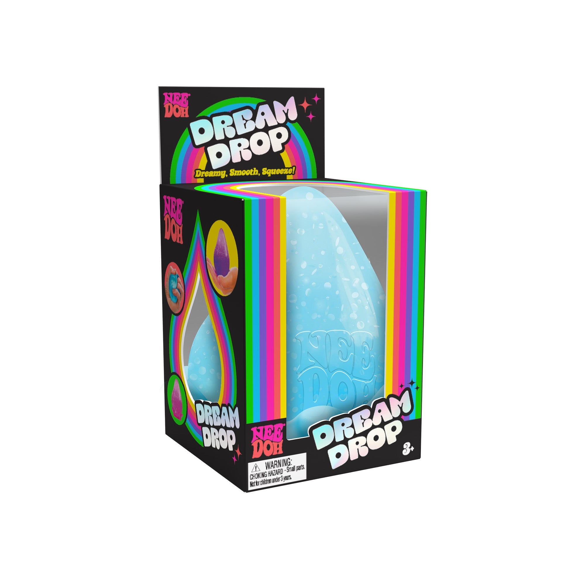 A NeeDoh Dream Drop C8 in its packaging. The packaging is primarily black with rainbow-colored accents and text that reads "Dream Drop C8" and "NeeDoh". The toy inside is a blue, drop-shaped, squeezable item. Suitable for ages 3 and up.