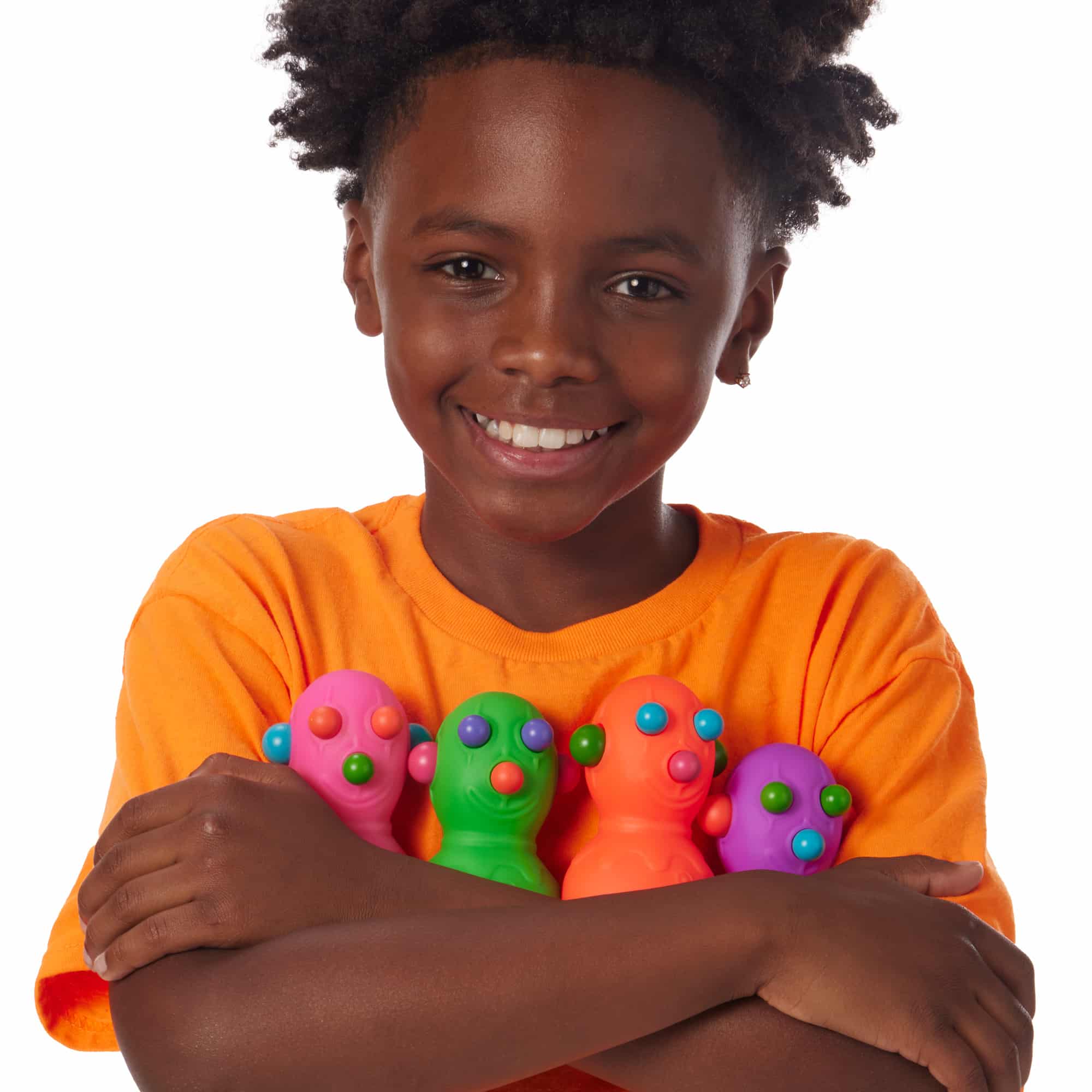 NeeDoh Panic Pete K2 Lifestyle with boy hugging all 4 Panic Pete K2 colors