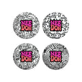 Four different black-and-white patterned NeeDoh Press-Doh C9 sensory squish balls. Patterns include mushrooms, smiley faces, flowers, and stars. Text on each reads "NeeDoh".