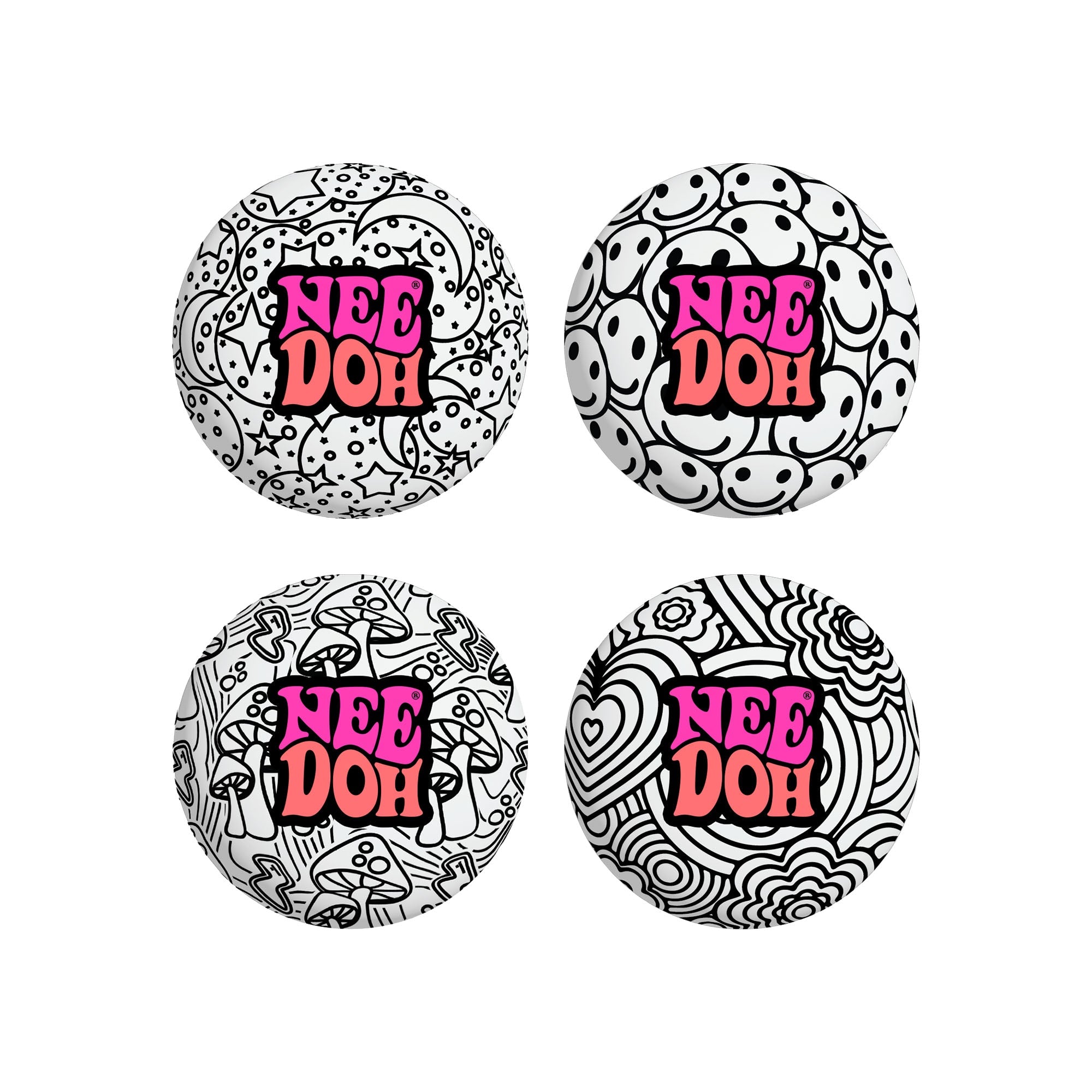 Four different black-and-white patterned NeeDoh Press-Doh C9 sensory squish balls. Patterns include mushrooms, smiley faces, flowers, and stars. Text on each reads "NeeDoh".
