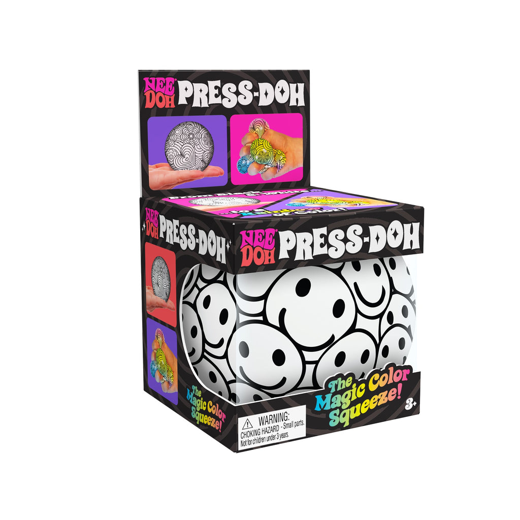 Packaging of the NeeDoh Press-Doh C9 with vibrant text and images. It features the tagline, "The Magic Color Squeeze!" A warning about the choking hazard for small parts is visible at the bottom. Suitable for ages 3+.